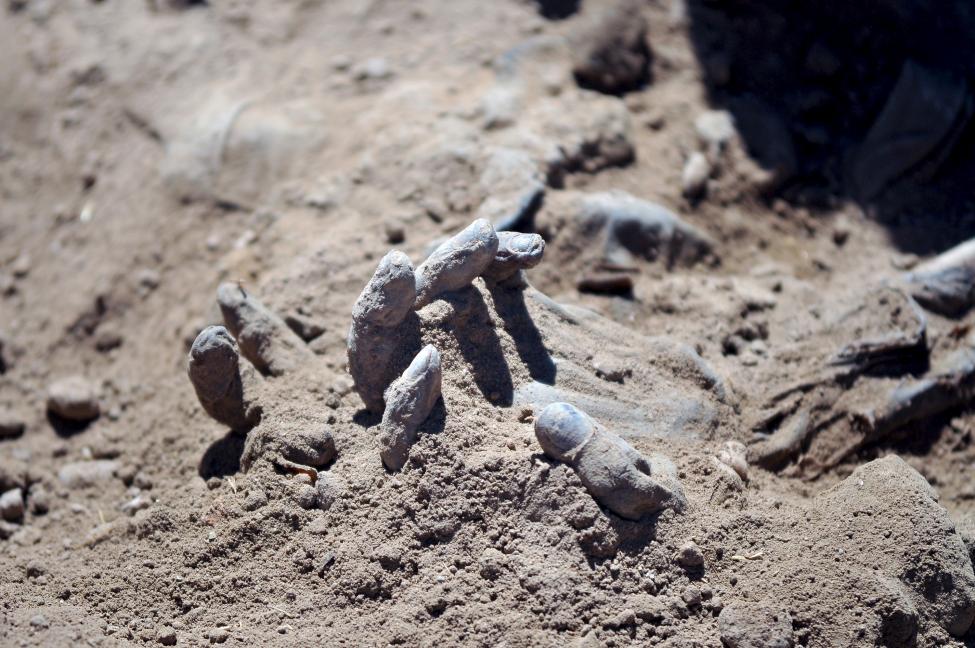 Một bàn tay người tại một ngôi mộ tập thể trong khu dinh thự của cựu tổng thống Iraq Saddam Hussein tại thành phố Tikrit, Irap được phát hiện bởi các đội pháp y Iraq ngày 6-4-2015. Các đội pháp y Irap đã bắt đầu khai quật 12 khu vực được cho là mồ chôn tập thể của khoảng 1.700 binh lính bị sát hại hè năm ngoái bởi phiến quân IS - Ảnh: Stringer