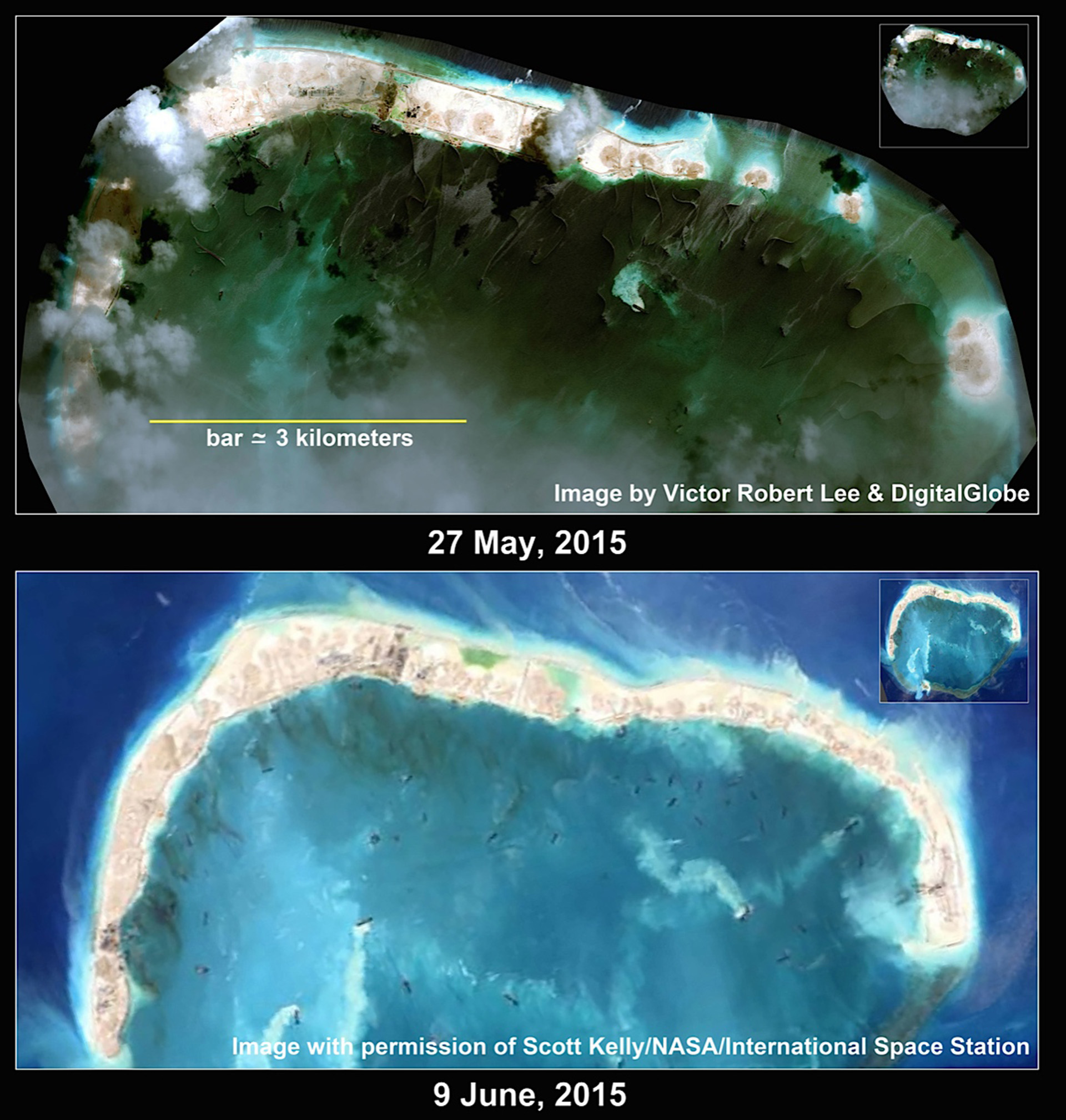 Đảo Vành Khăn ngày 27-5-2015 và ngày 9-6-2015 - Ảnh: thediplomat.com