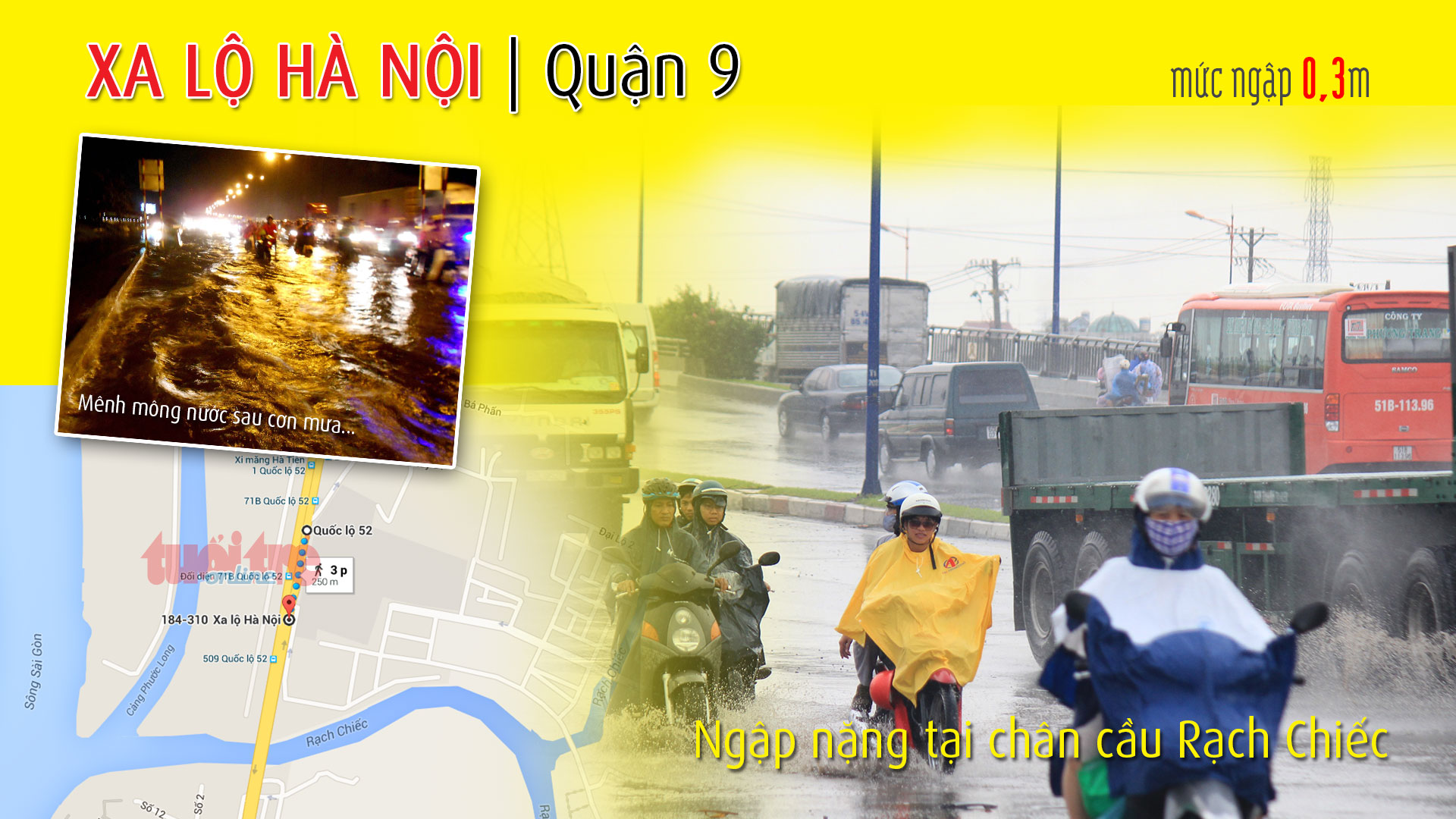 Điểm ngập ở chân cầu Rạch Chiếc (Quận 9), xa lộ Hà Nội, thuộc 1 trong 66 điểm ngập ở TP.HCM trong cơn mưa chiều 15-9-2015 - Đồ họa: Việt Anh - T.Thiên