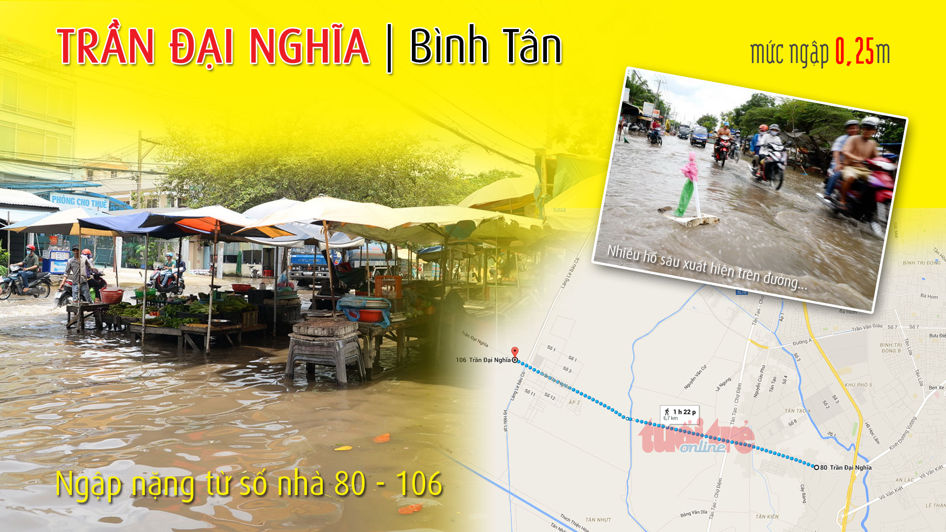 Điểm ngập ở đường Trần Đại Nghĩa (Bình Tân), thuộc 1 trong 66 điểm ngập ở TP.HCM trong cơn mưa chiều 15-9-2015 - Đồ họa: Việt Anh - T.Thiên