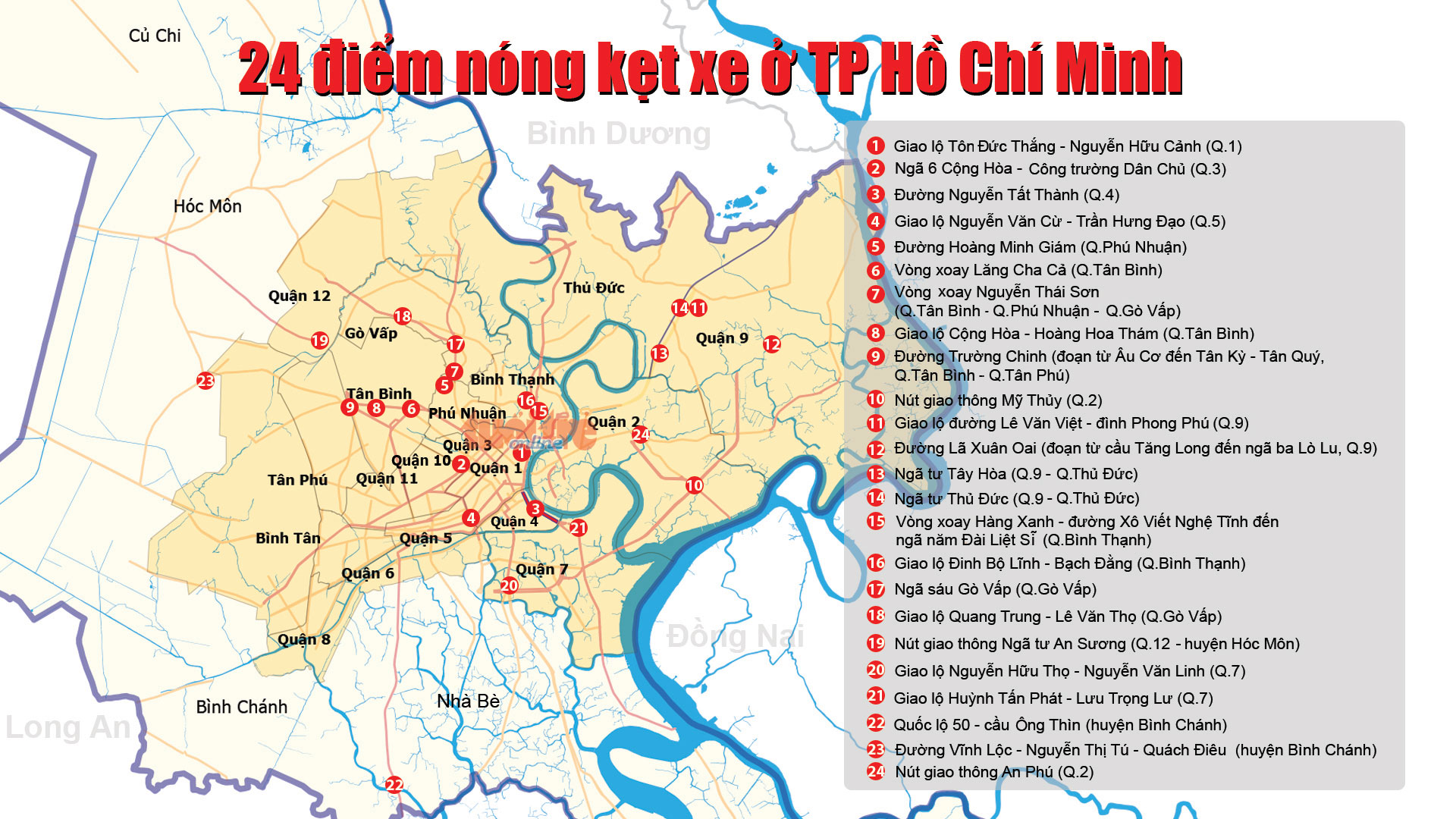 Bản đồ 24 điểm kẹt xe ở TP.HCM năm 2015 - Đồ họa: Việt Thái