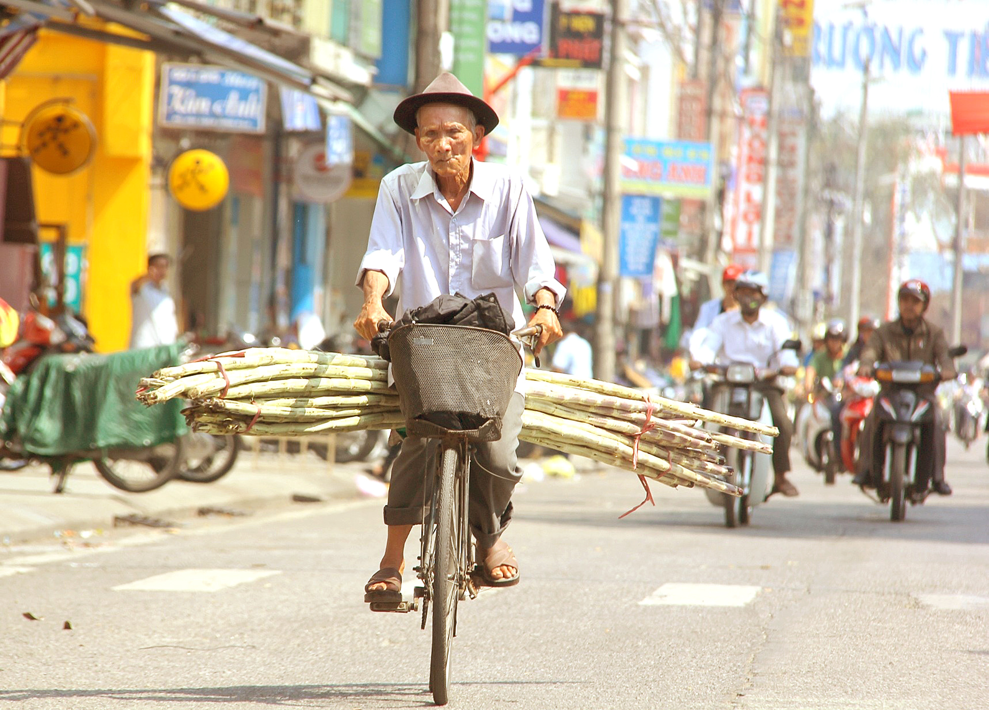 Ông Nguyễn Văn Thạch đạp xe thồ chở mía thuê - Ảnh: Nguyên Linh