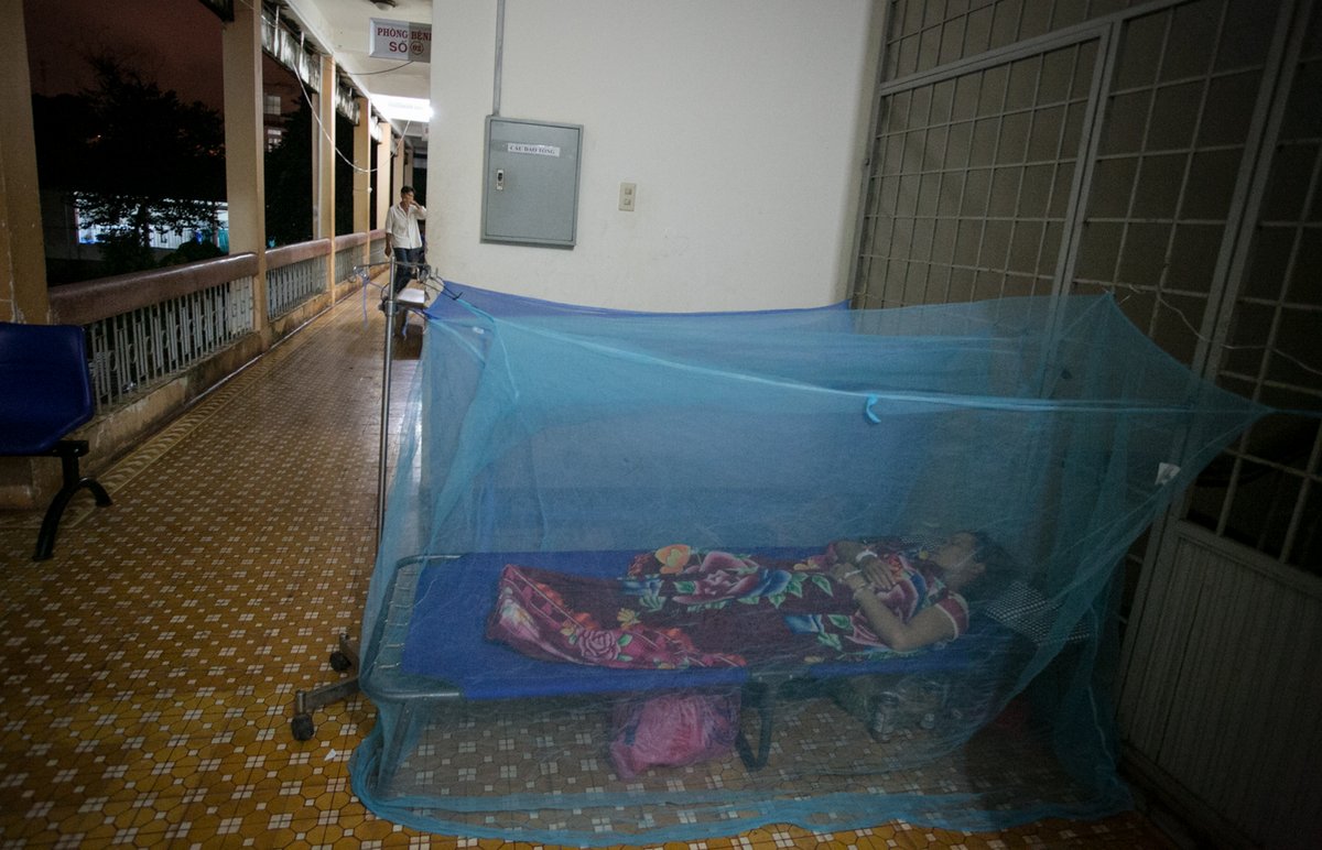 Một bệnh nhân sốt xuất huyết mắc màn ngủ ngoài hành lang - Ảnh: Tiến Thành