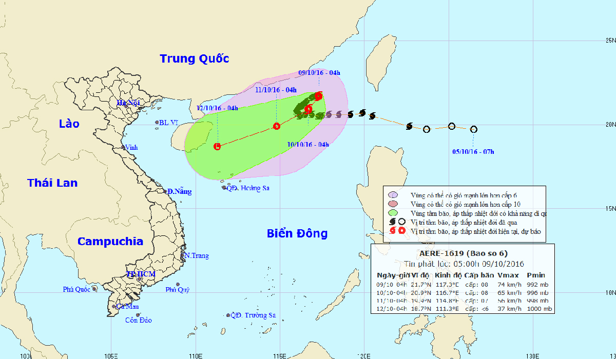 Sơ đồ bão số 6 ngày 9-10 - Nguồn: Trung tâm Dự báo Khí tượng thuỷ văn Trung ương
