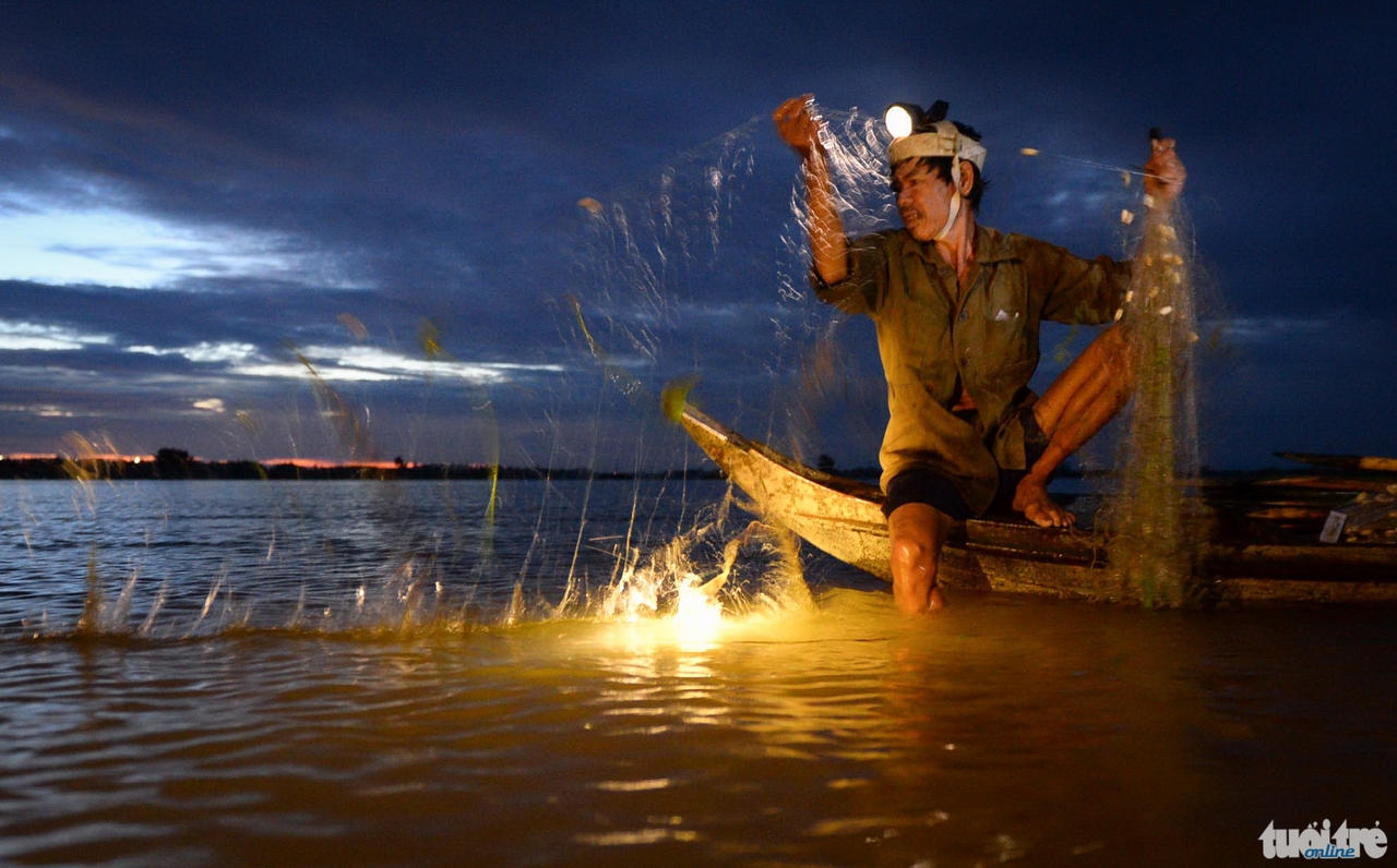Ông nguyễn Văn Thêm (53 tuổi, huyện Hồng Ngự, Đồng Tháp) kiếm được 200.000 - 300.000 đồng/ngày từ nghề giăng lưới bắt cá trong mùa lũ - ẢNh: Hữu Khoa