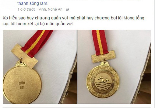 Một tay vợt phàn nàn trên Facebook khi nhận huy chương... bơi lội