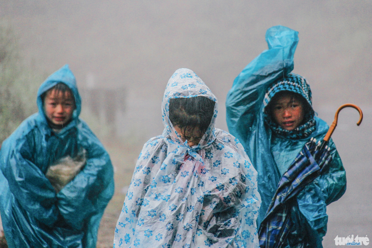 Ba em nhỏ tay vừa ôm chặt cặp sách vừa nắm chặt ô và tấm áo mưa đã rách đi trên đèo Ô Quy Hồ, Sa Pa, Lào Cai khi nhiệt độ ngoài trời chỉ khoảng -4 độ C và tuyết rơi - Ảnh: NAM TRẦN