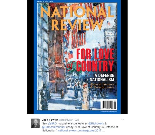 Tạp chí bảo thủ National Review với trang bìa bảo vệ chủ nghĩa dân tộc.
