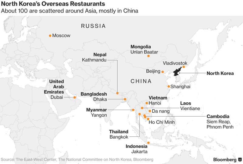Sơ đồ nhà hàng Triều Tiên tại một số quốc gia - Ảnh: East West Center