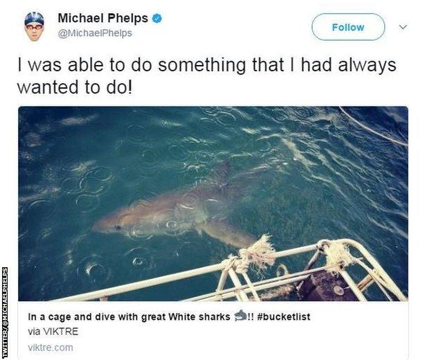 Phelps chia sẻ cuộc đua với cá mập trắng trên Twitter Ảnh: TWITTER