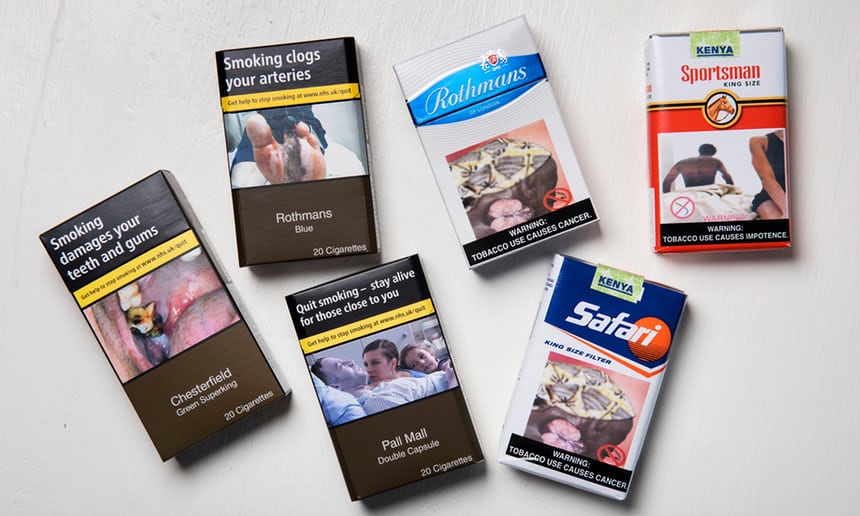 Các bao thuốc lá tại Anh với những cảnh báo rùng rợn (bên trái) và một bao thuốc lá ở Kenya (trên cùng, phải) với bao bì hết sức mời gọi - ảnh: Guardian