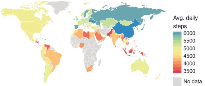 Số bước chân trung bình của người dân các nước trên thế giới, càng 
