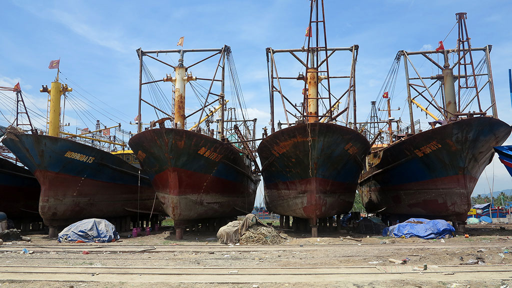 5 tàu cá vỏ thép do Công ty Đại Nguyên Dương đóng cho ngư dân Bình Định bị hư hỏng, đã kéo lên Xí nghiệp đóng tàu Tam Quan hơn 1 tháng qua nhưng chưa sửa chữa - Ảnh: TIẾN SỸ