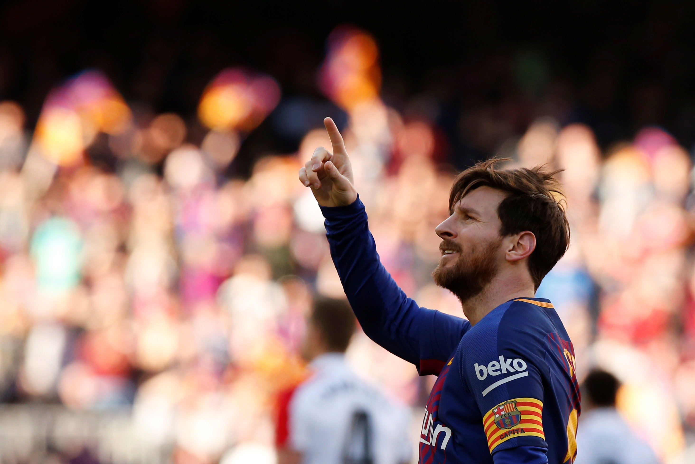 Messi ăn mừng bàn nâng tỉ số lên 2-0 cho Barcelona. Ảnh: REUTERS